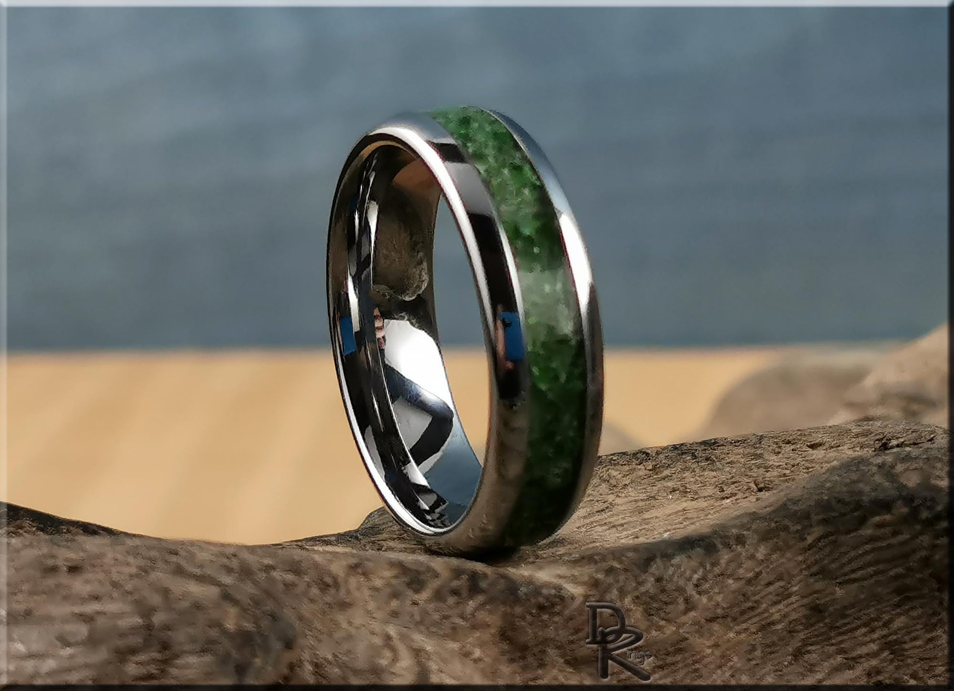 Domed Edge Tungsten Carbide Ring w/Chrome Diopside stone inlay - metal ring