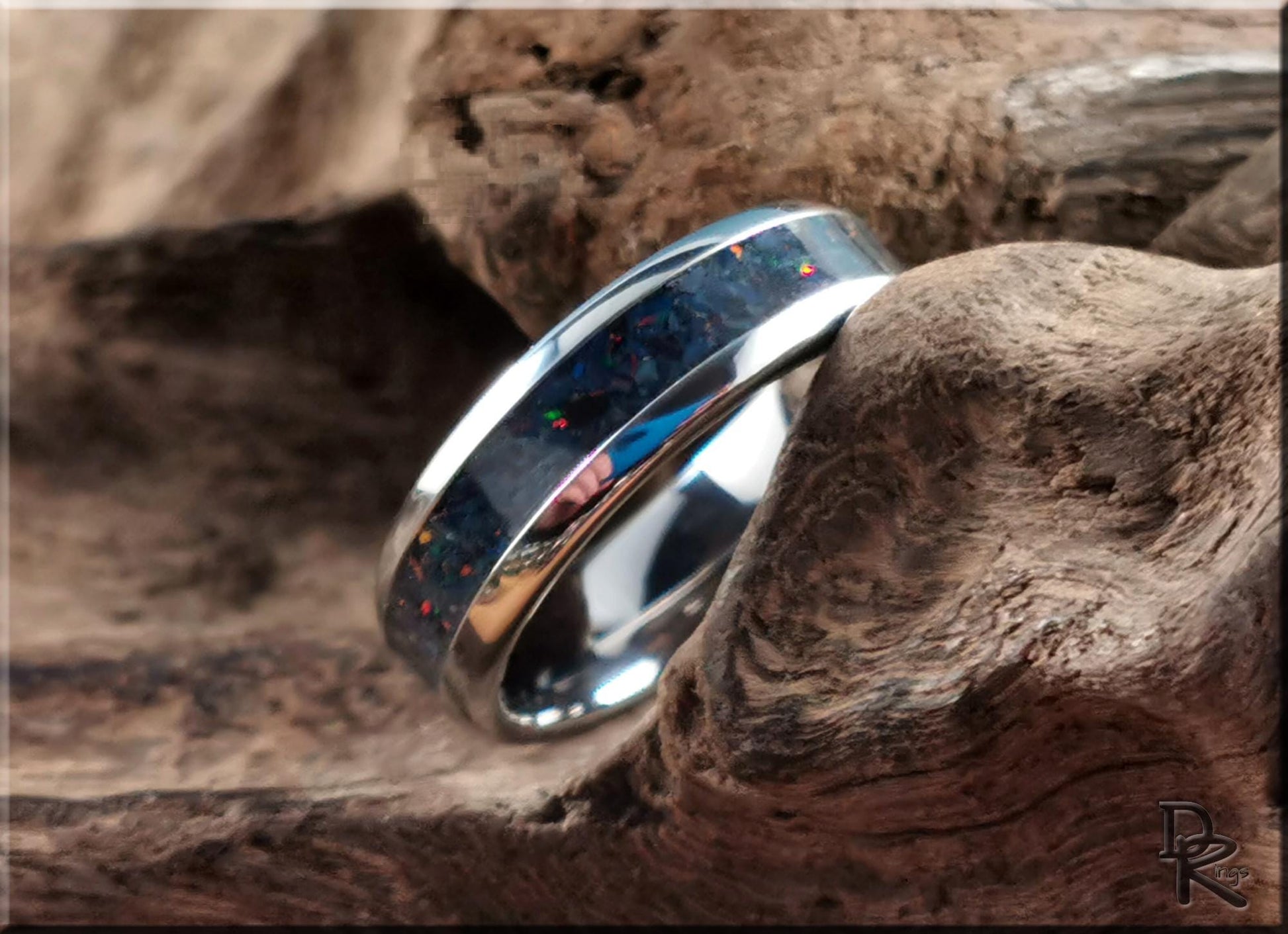 Domed Edge Tungsten Carbide Ring w/Sieber Agate and Opal inlay - metal ring
