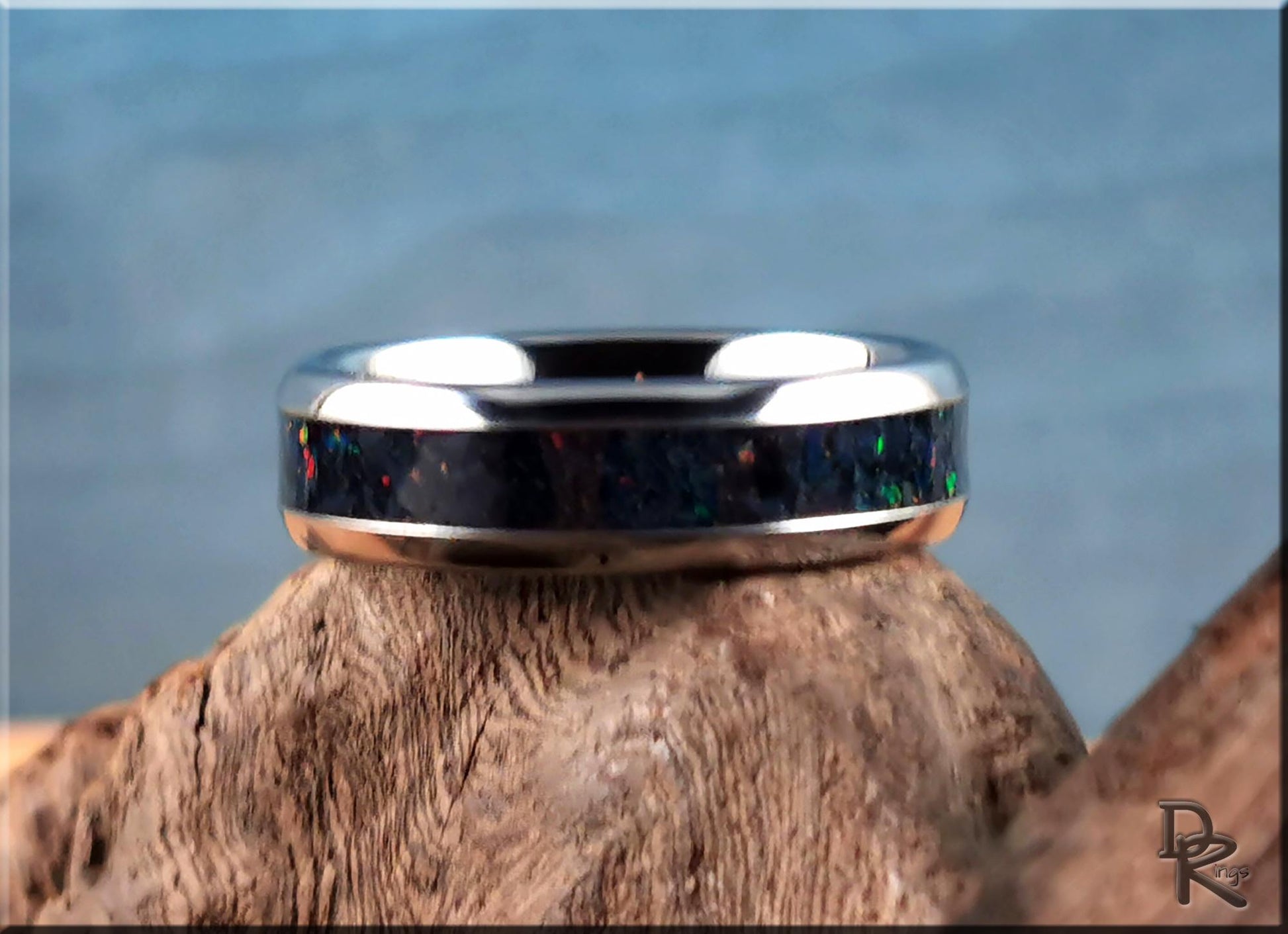 Domed Edge Tungsten Carbide Ring w/Sieber Agate and Opal inlay - metal ring