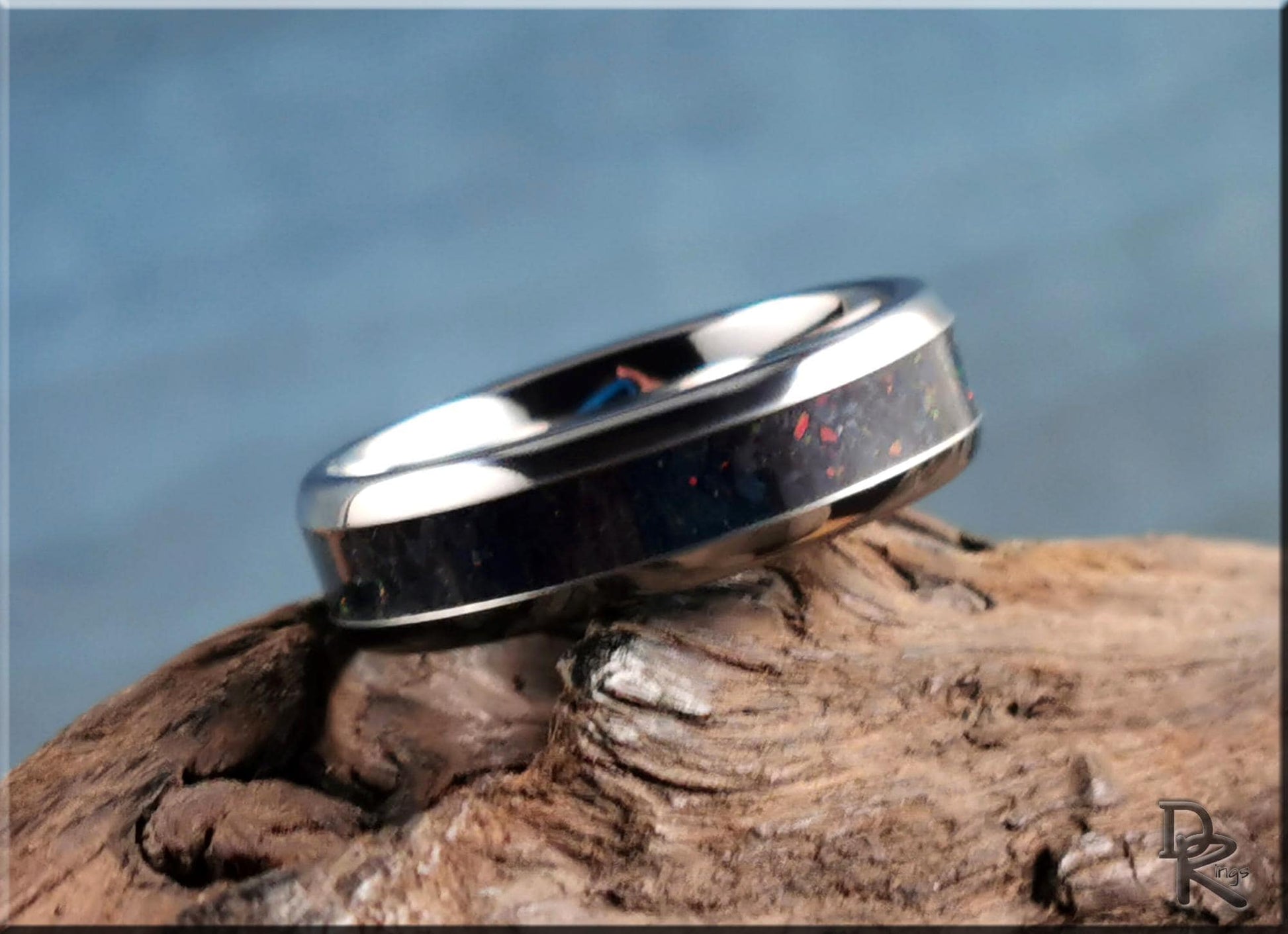 Domed Edge Tungsten Carbide Ring w/Sieber Agate and Opal inlay - metal ring