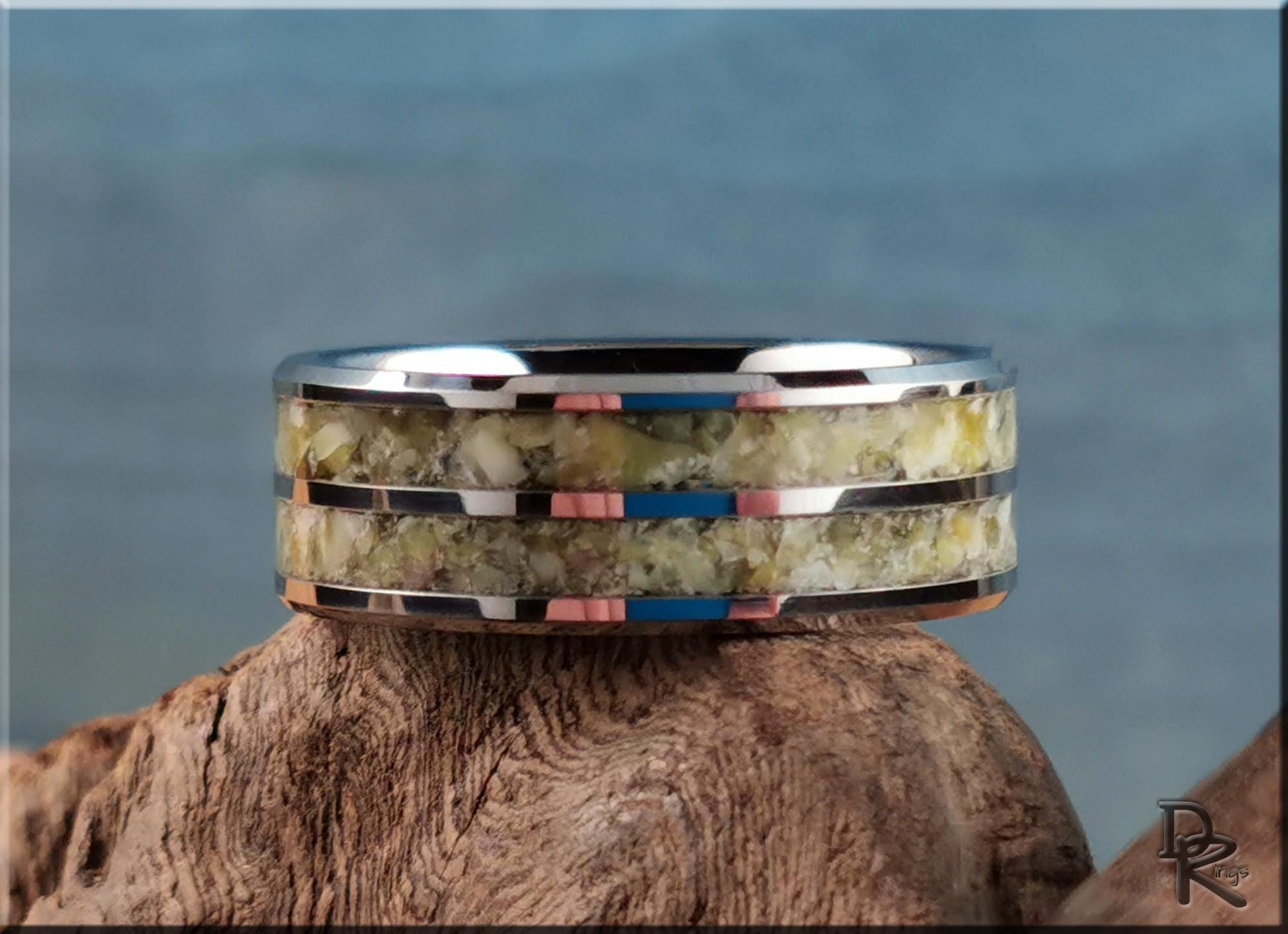 Tungsten Carbide 8mm Dual-Channel Ring with Scottish Highlands Marble inlays - metal ring