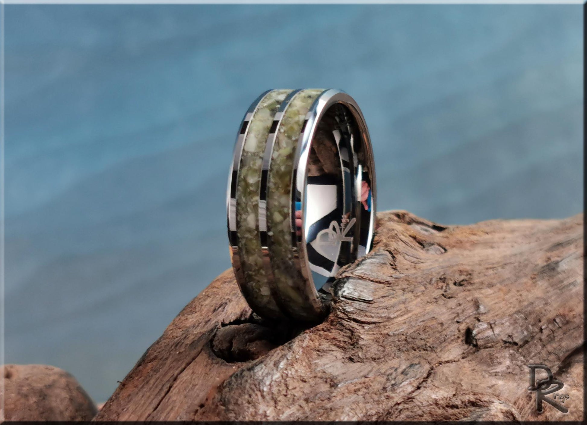 Tungsten Carbide 8mm Dual-Channel Ring with Scottish Highlands Marble inlays - metal ring