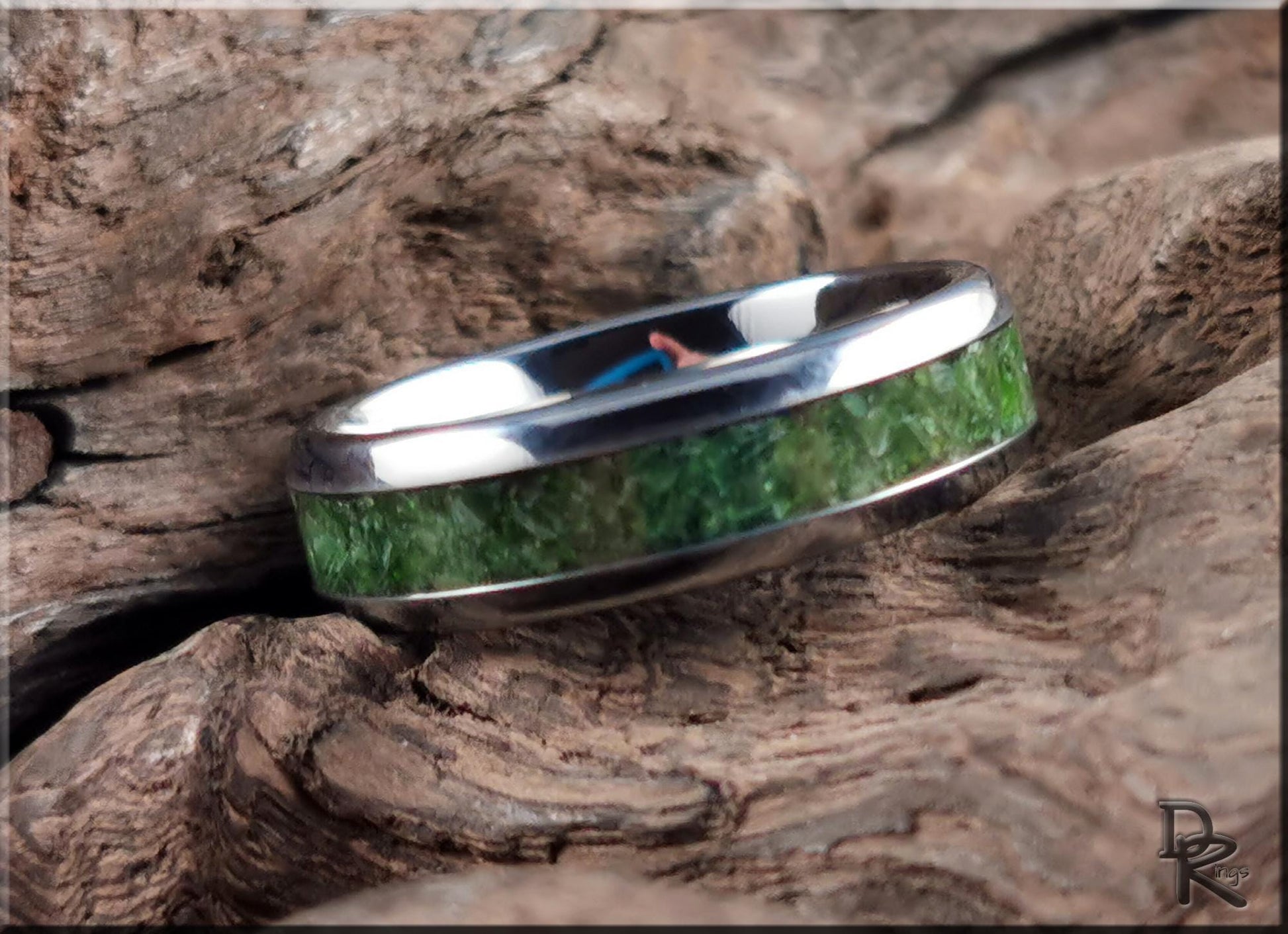 Domed Edge Tungsten Carbide Ring w/Chrome Diopside stone inlay - metal ring