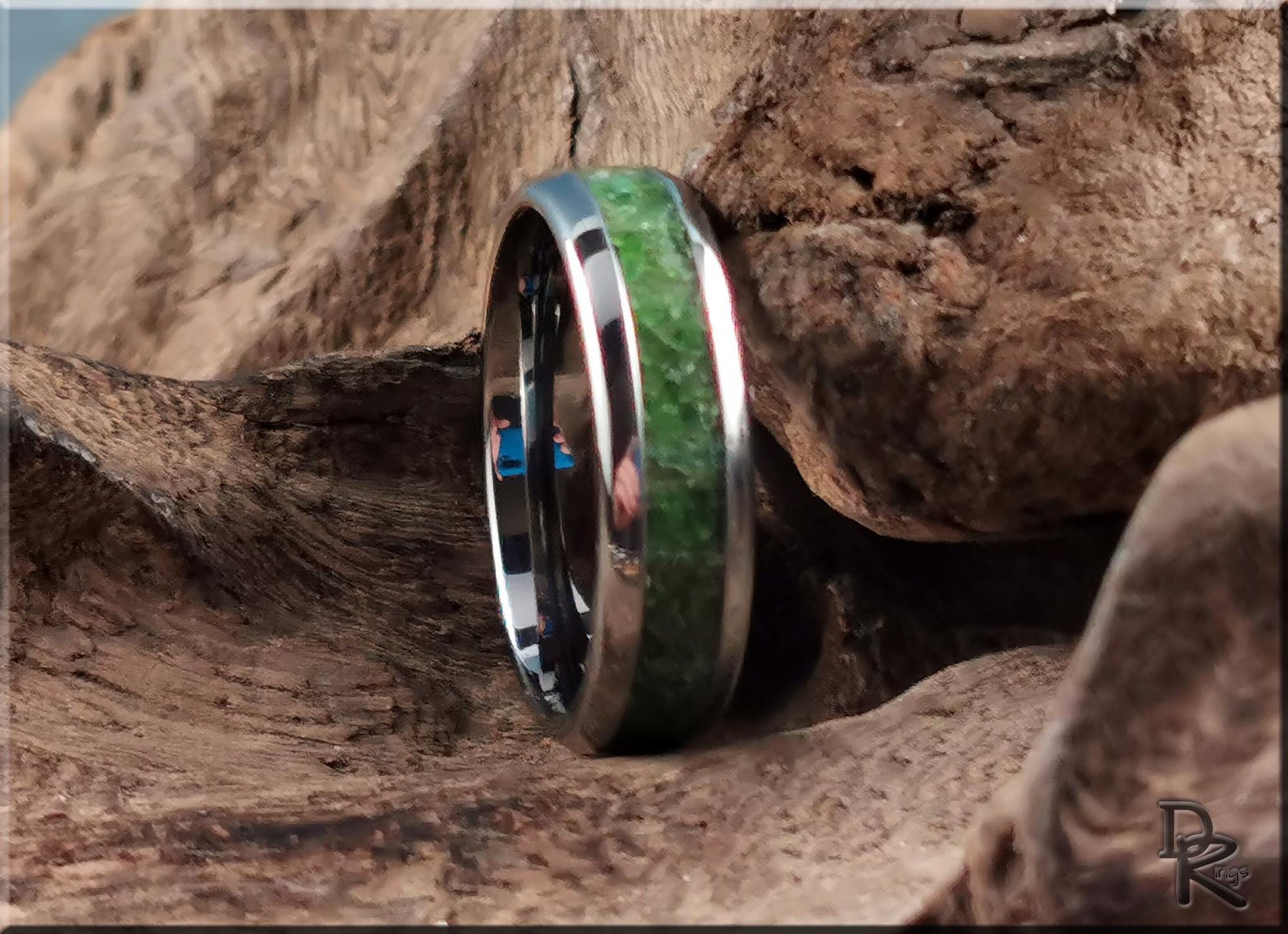 Domed Edge Tungsten Carbide Ring w/Chrome Diopside stone inlay - metal ring