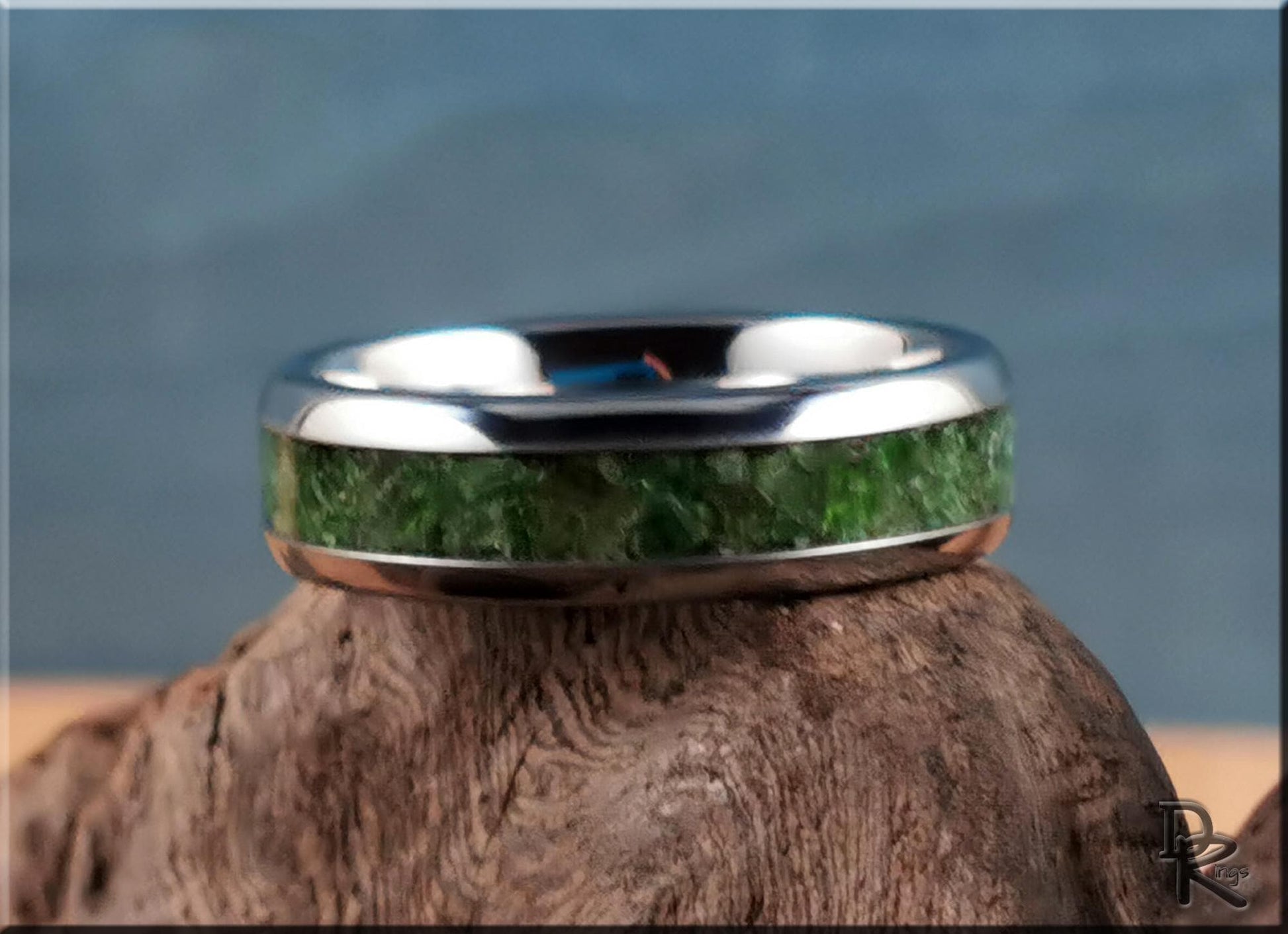 Domed Edge Tungsten Carbide Ring w/Chrome Diopside stone inlay - metal ring