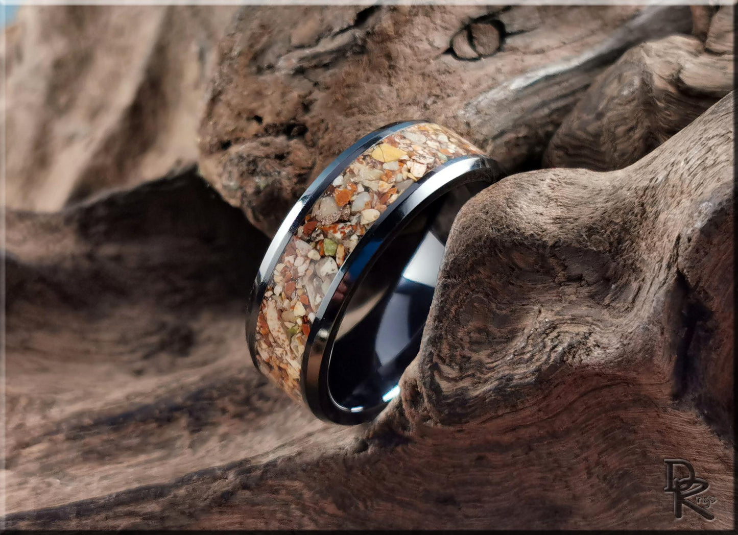 Polished Black Ceramic Channel Ring w/Picture Jasper stone inlay - ceramic ring