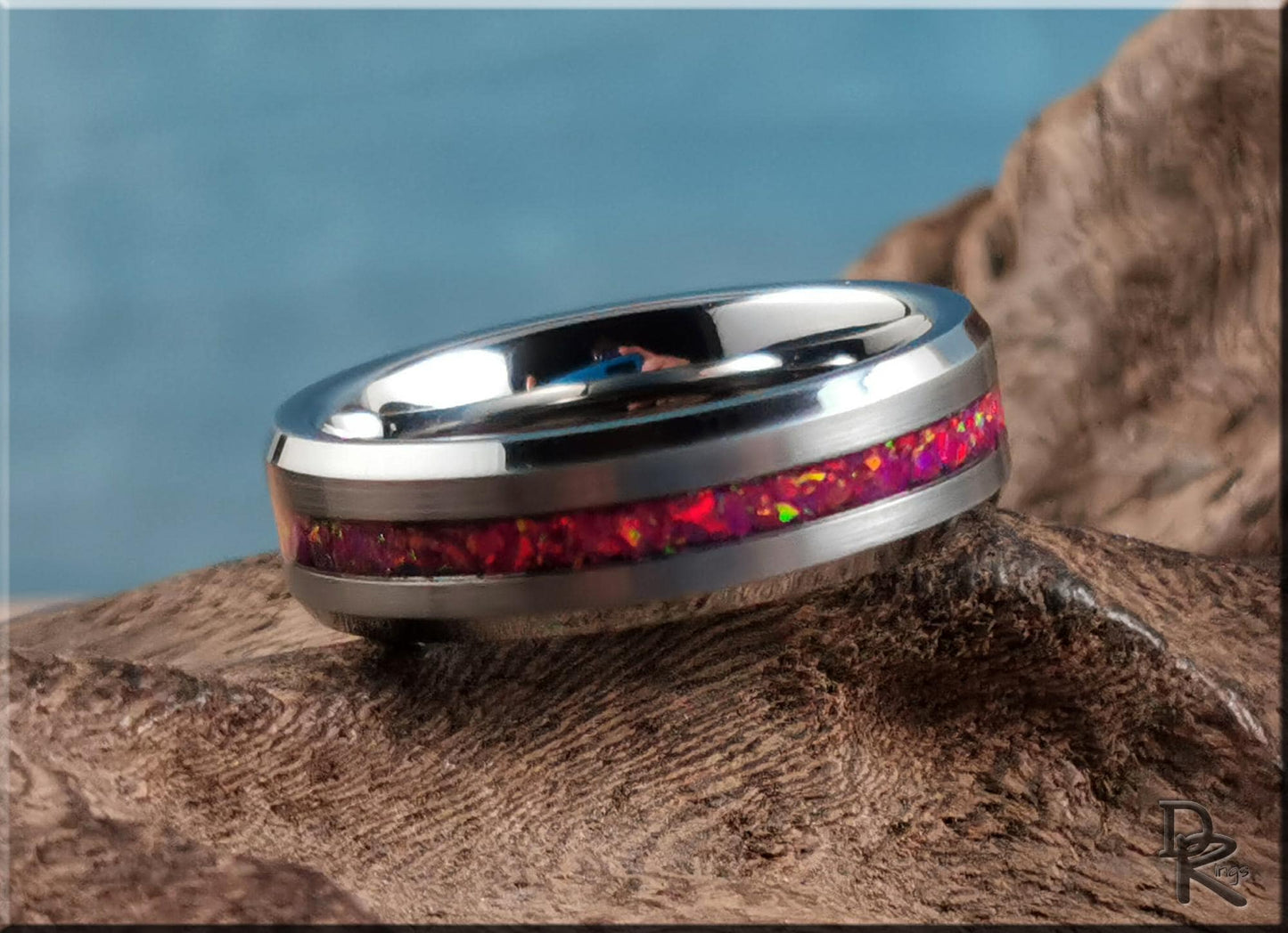 Thin Line Tungsten Carbide Ring w/Opal inlay - metal ring