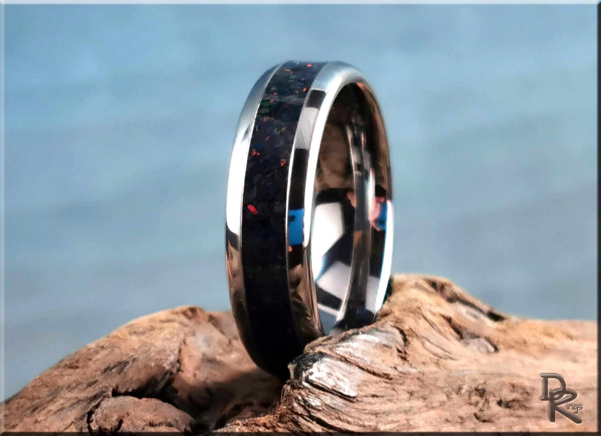 Domed Edge Tungsten Carbide Ring w/Sieber Agate and Opal inlay - metal ring