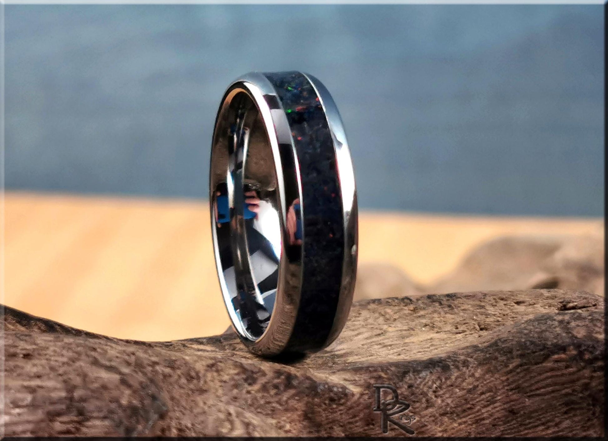Domed Edge Tungsten Carbide Ring w/Sieber Agate and Opal inlay - metal ring