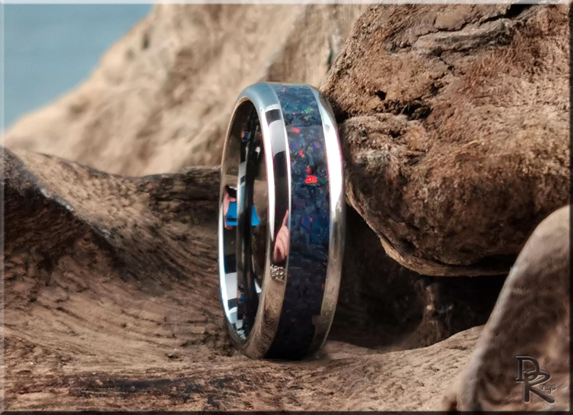 Domed Edge Tungsten Carbide Ring w/Sieber Agate and Opal inlay - metal ring