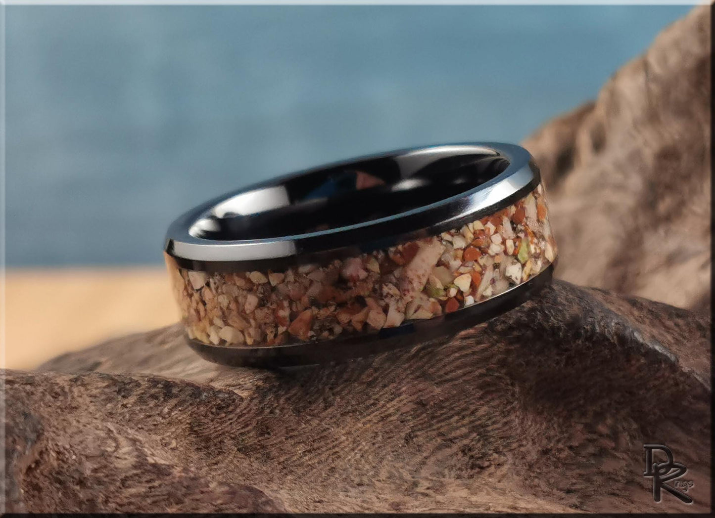 Polished Black Ceramic Channel Ring w/Picture Jasper stone inlay - ceramic ring