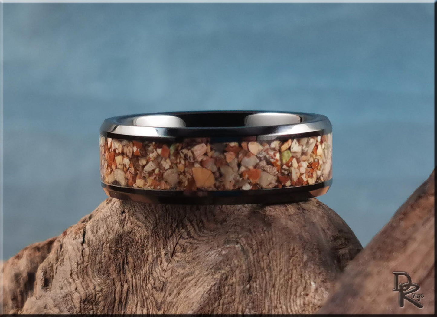 Polished Black Ceramic Channel Ring w/Picture Jasper stone inlay - ceramic ring