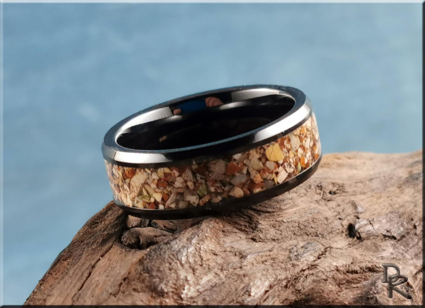 Polished Black Ceramic Channel Ring w/Picture Jasper stone inlay - ceramic ring