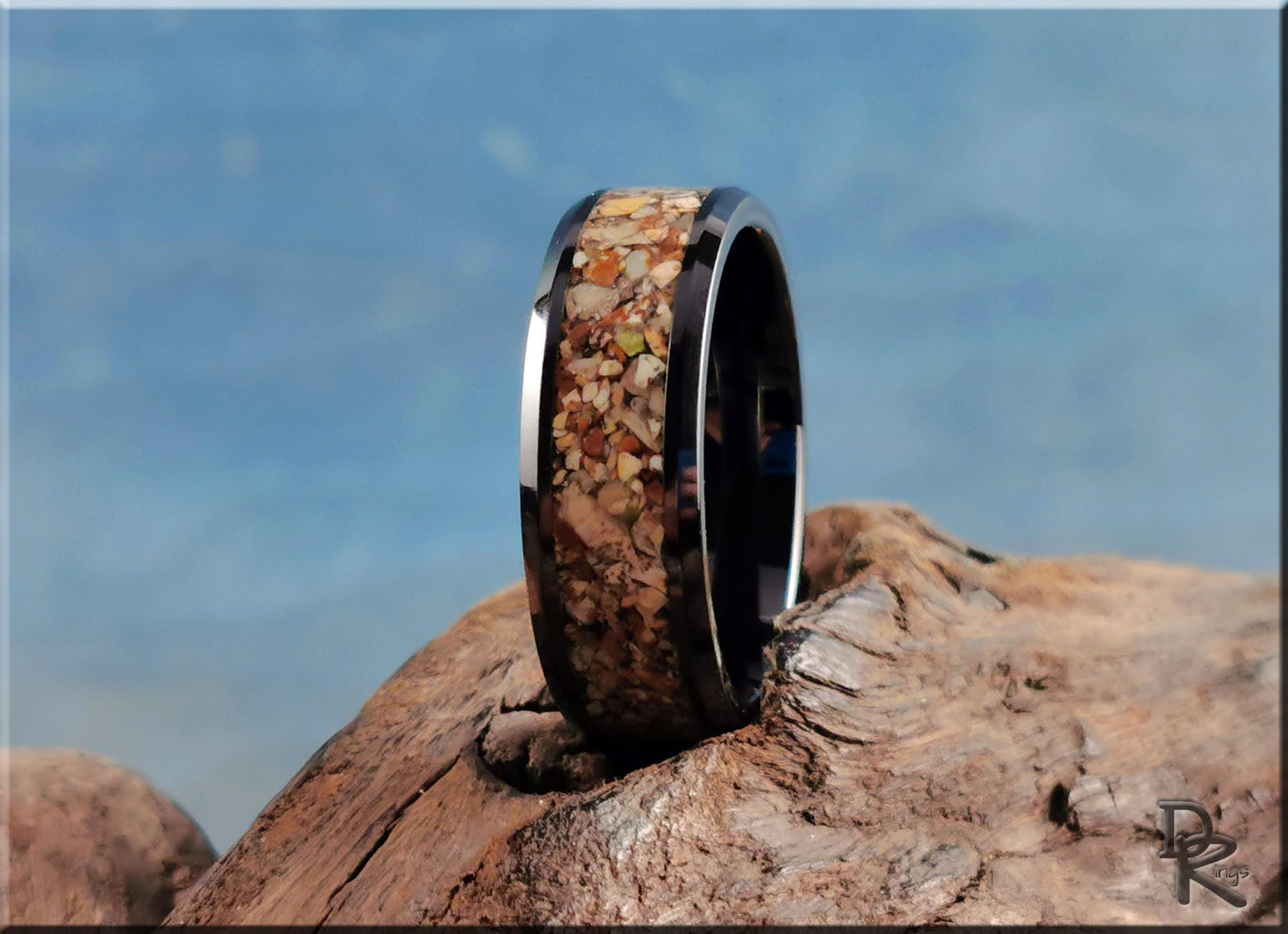 Polished Black Ceramic Channel Ring w/Picture Jasper stone inlay - ceramic ring