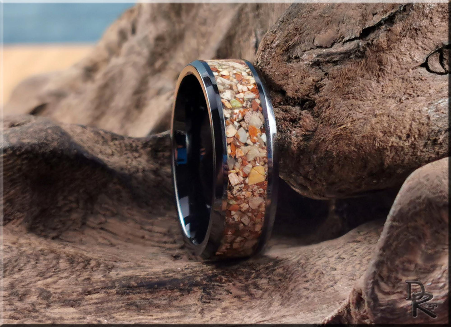 Polished Black Ceramic Channel Ring w/Picture Jasper stone inlay - ceramic ring