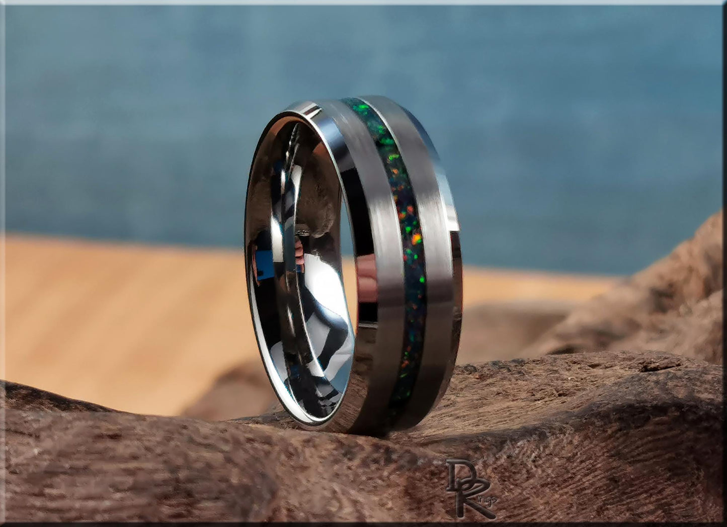 Thin Line Tungsten Carbide Ring w/Opal inlay - metal ring