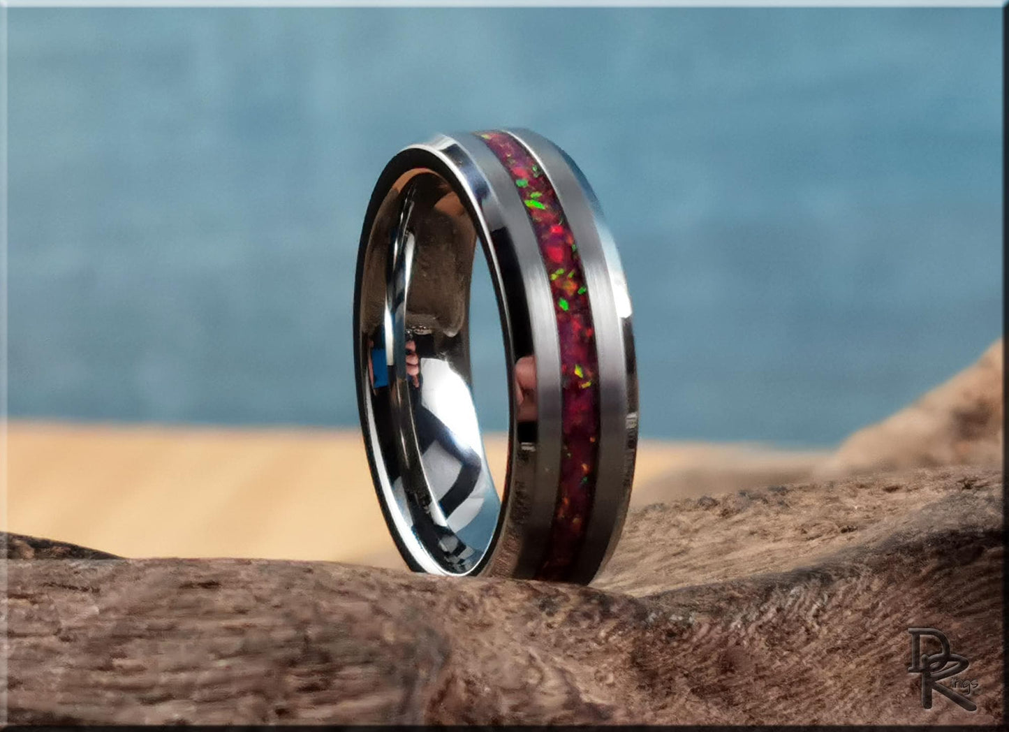 Thin Line Tungsten Carbide Ring w/Opal inlay - metal ring
