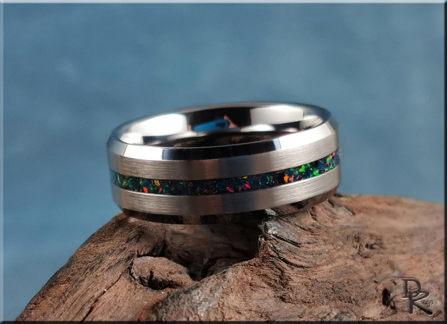 Thin Line Tungsten Carbide Ring w/Opal inlay - metal ring