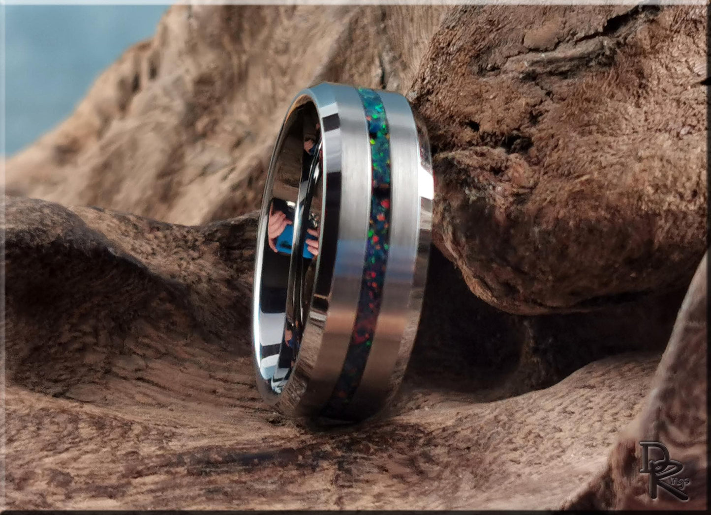 Thin Line Tungsten Carbide Ring w/Opal inlay - metal ring
