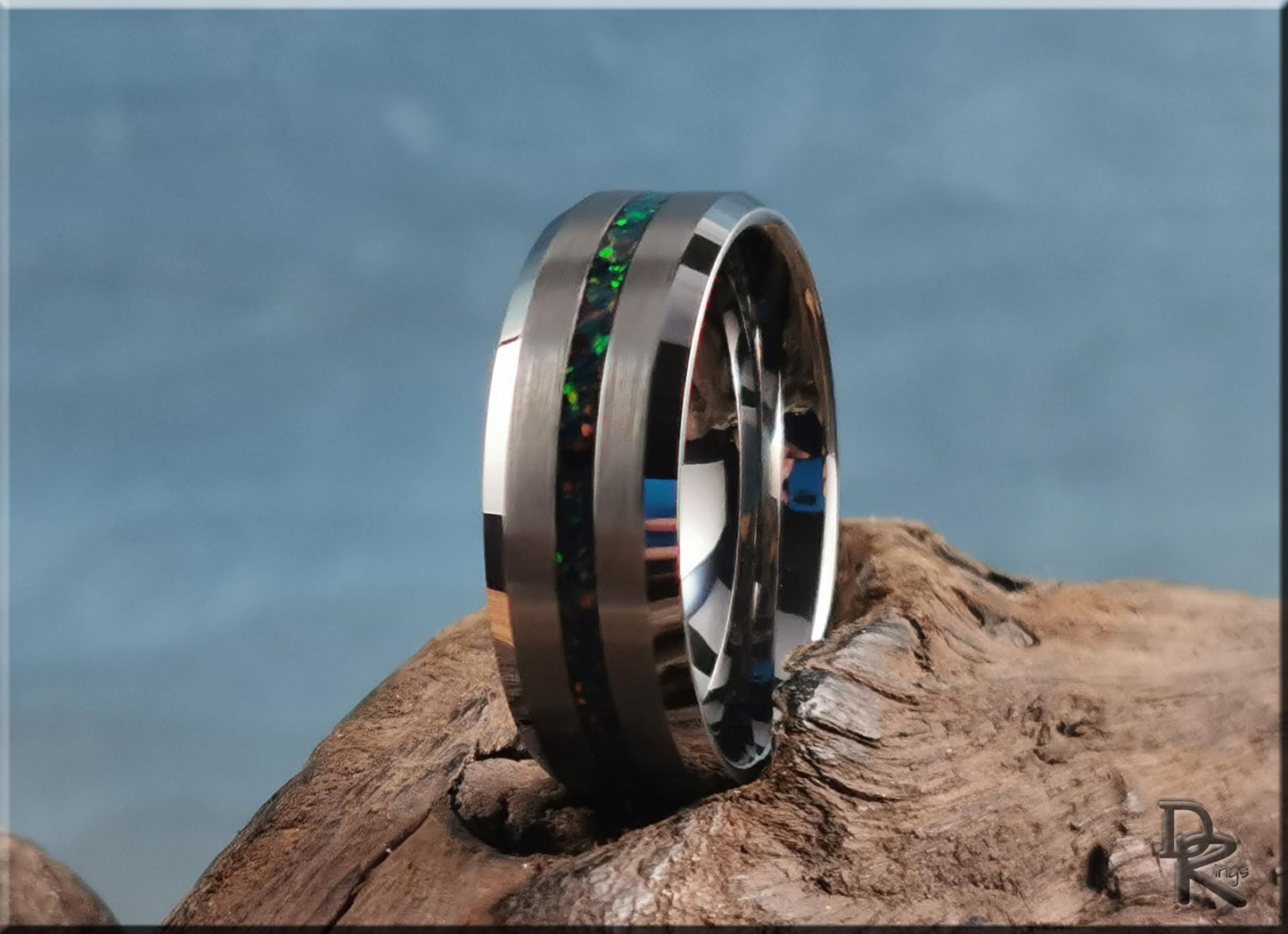 Thin Line Tungsten Carbide Ring w/Opal inlay - metal ring