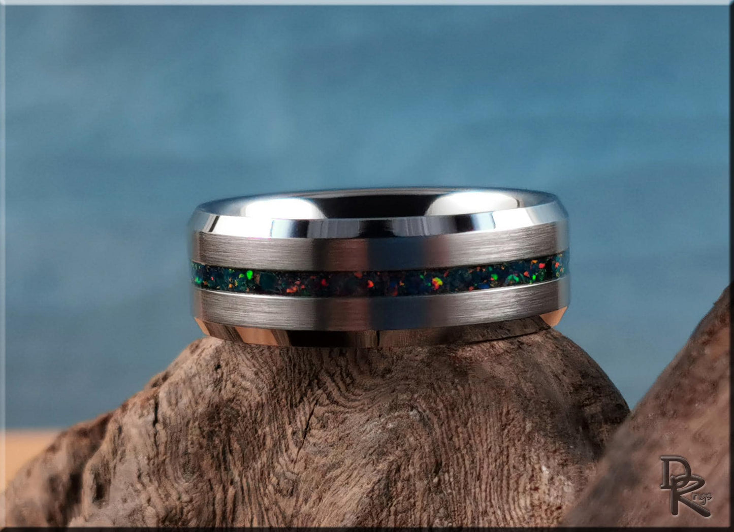 Thin Line Tungsten Carbide Ring w/Opal inlay - metal ring