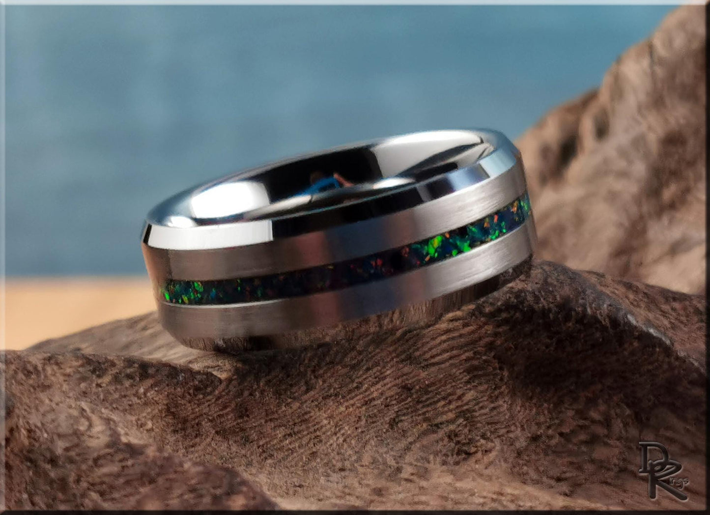 Thin Line Tungsten Carbide Ring w/Opal inlay - metal ring