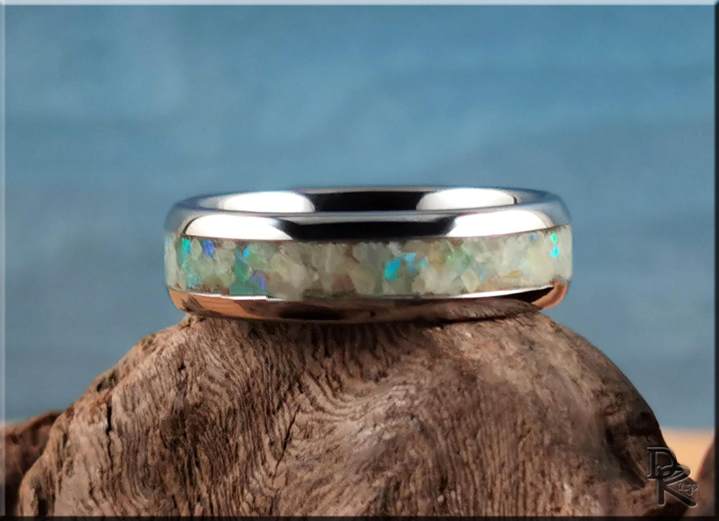 Domed Edge Tungsten Carbide Channel Ring w/Lemon Serpentine and Opal inlay - metal ring