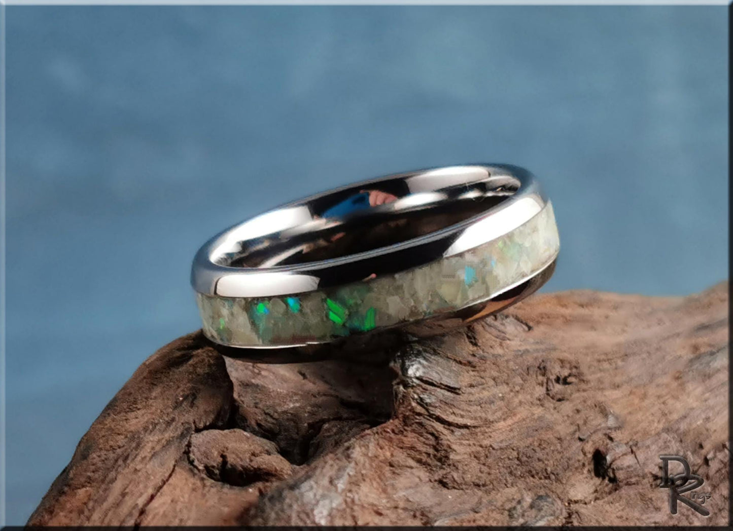 Domed Edge Tungsten Carbide Channel Ring w/Lemon Serpentine and Opal inlay - metal ring