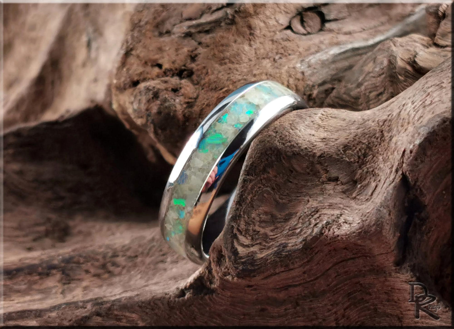 Domed Edge Tungsten Carbide Channel Ring w/Lemon Serpentine and Opal inlay - metal ring