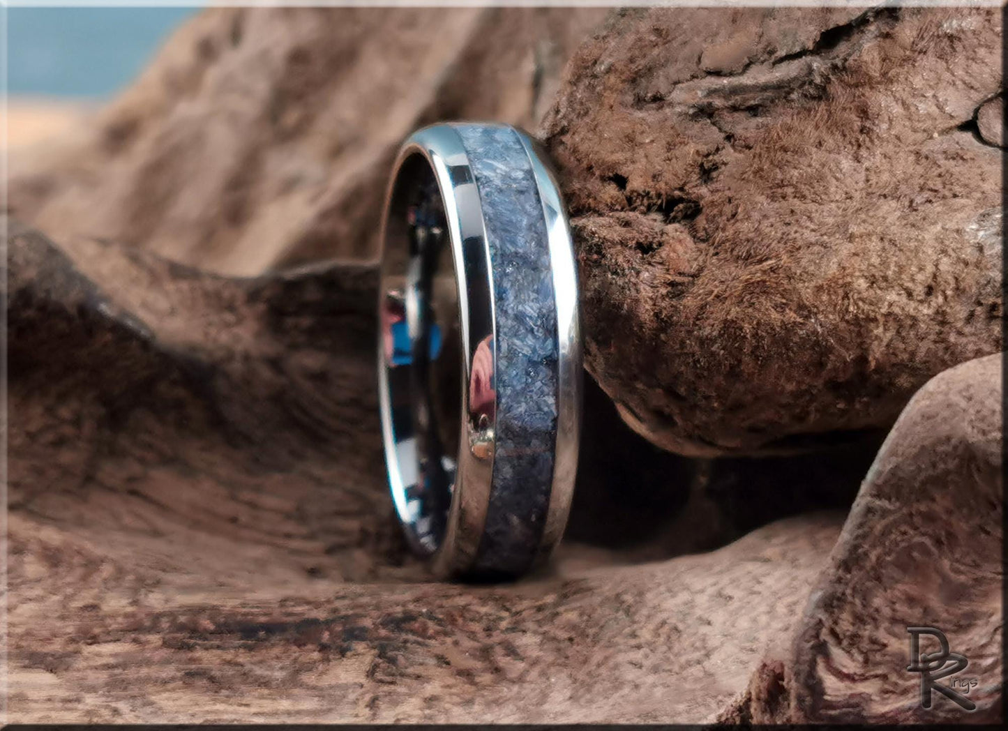 Domed Edge Tungsten Carbide Channel Ring w/Fossilised Blue Coral inlay - metal ring
