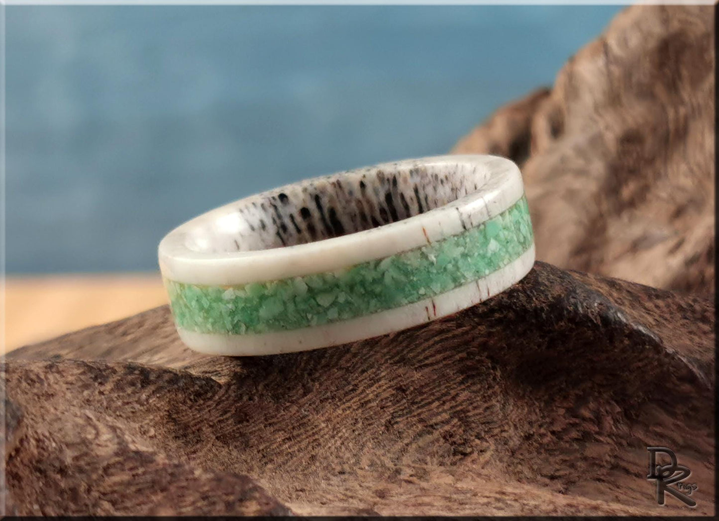 Deer Antler Channel Ring w/Nevada Apple Green Variscite inlay - antler ring