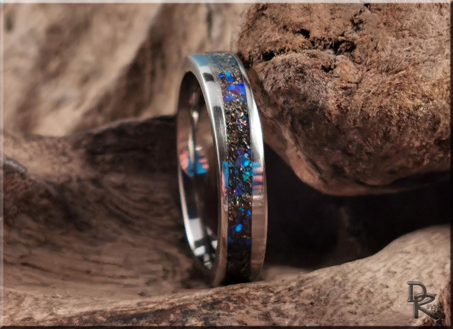 Titanium S-Wave 4mm Channel Ring w/Meteorite and Opal inlay - metal ring