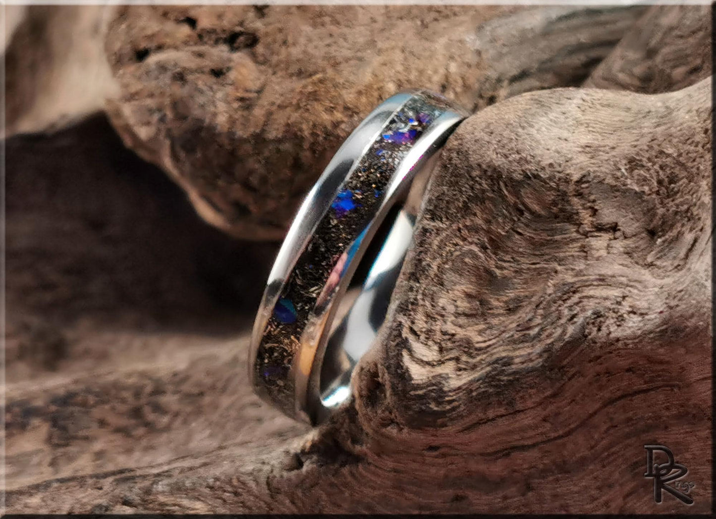 Titanium S-Wave 4mm Channel Ring w/Meteorite and Opal inlay - metal ring