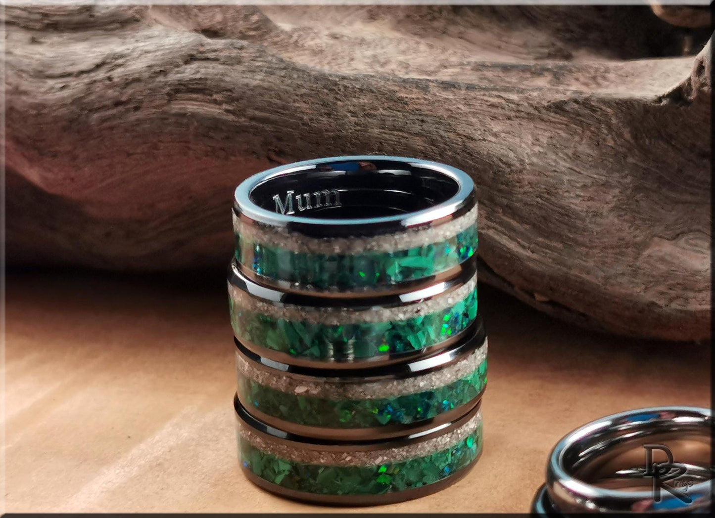 Custom Cremation Memorial Ring w/Ash, Malachite, and Opal inlay - ceramic ring