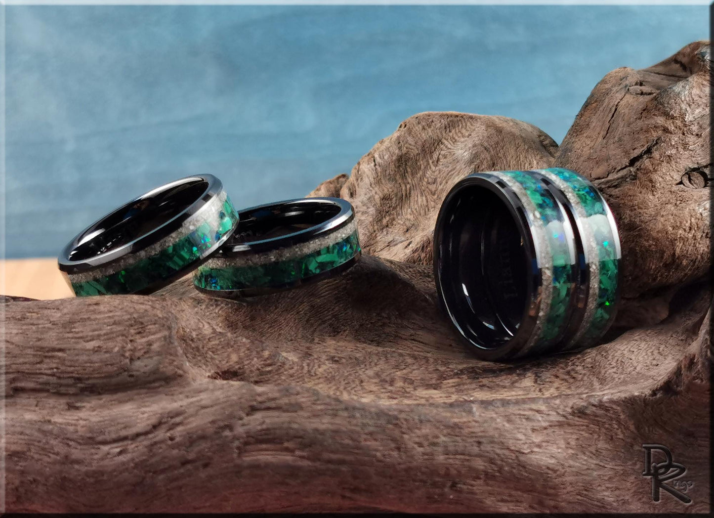 Custom Cremation Memorial Ring w/Ash, Malachite, and Opal inlay - ceramic ring