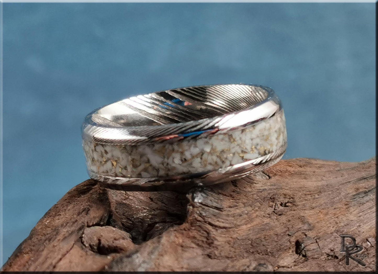 Damascus Steel Ring w/White and Gold TruStone inlay - metal ring