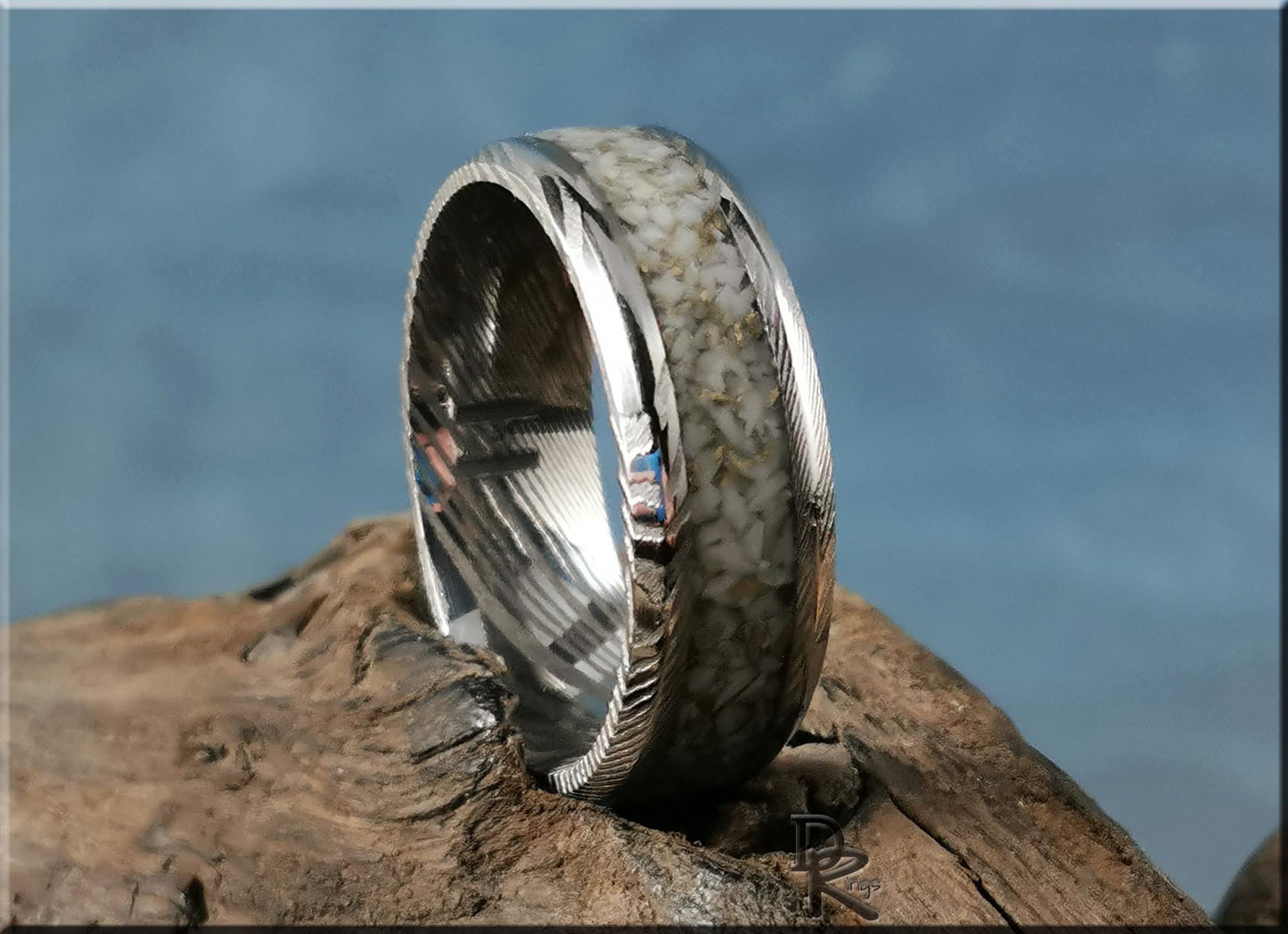 Damascus Steel Ring w/White and Gold TruStone inlay - metal ring