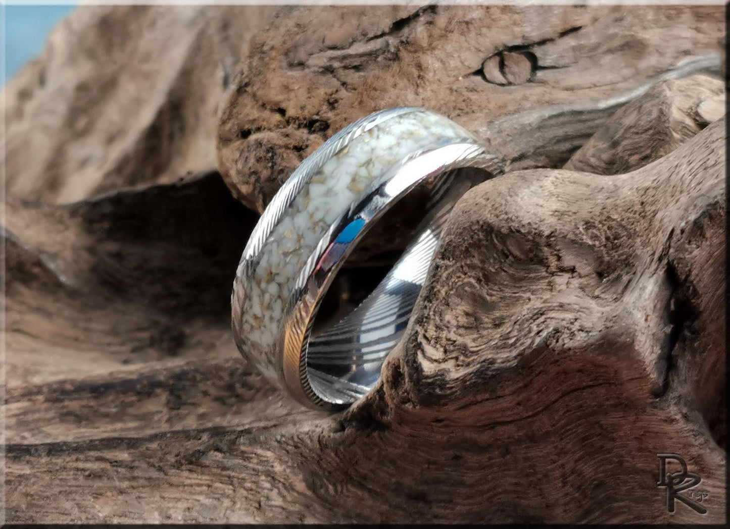 Damascus Steel Ring w/White and Gold TruStone inlay - metal ring
