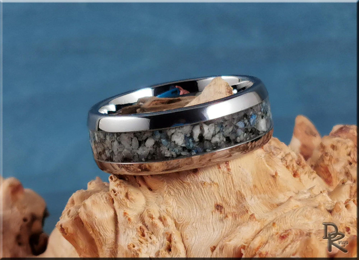 Domed Edge Tungsten Carbide Ring w/Rare K2 Blueberry Jasper inlay - metal ring