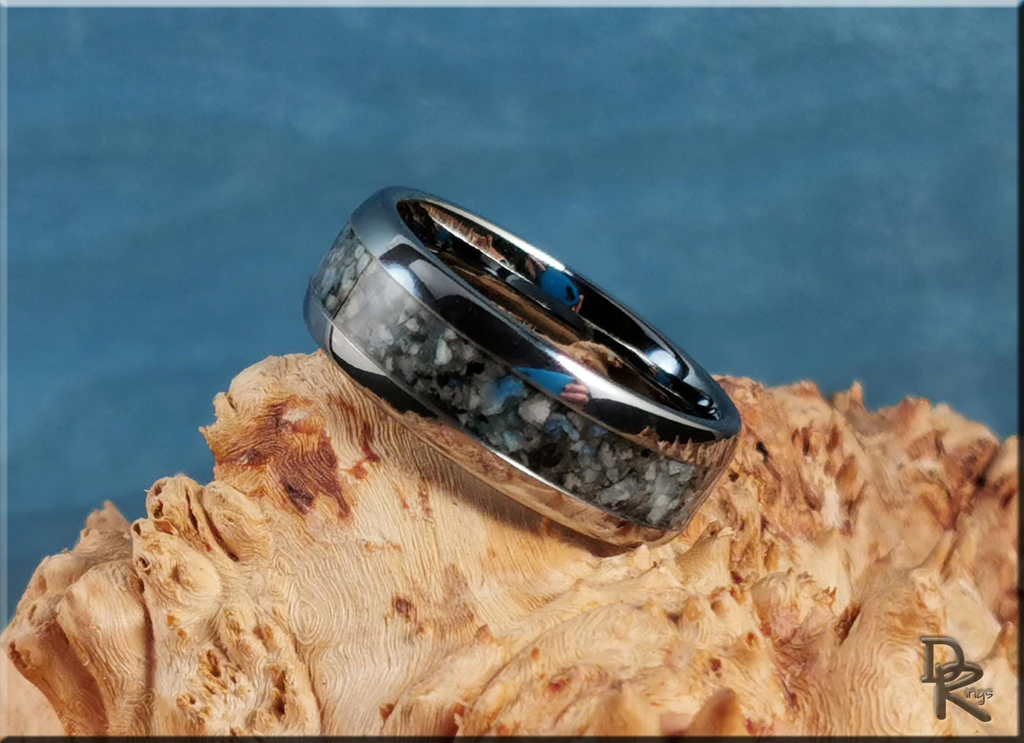 Domed Edge Tungsten Carbide Ring w/Rare K2 Blueberry Jasper inlay - metal ring