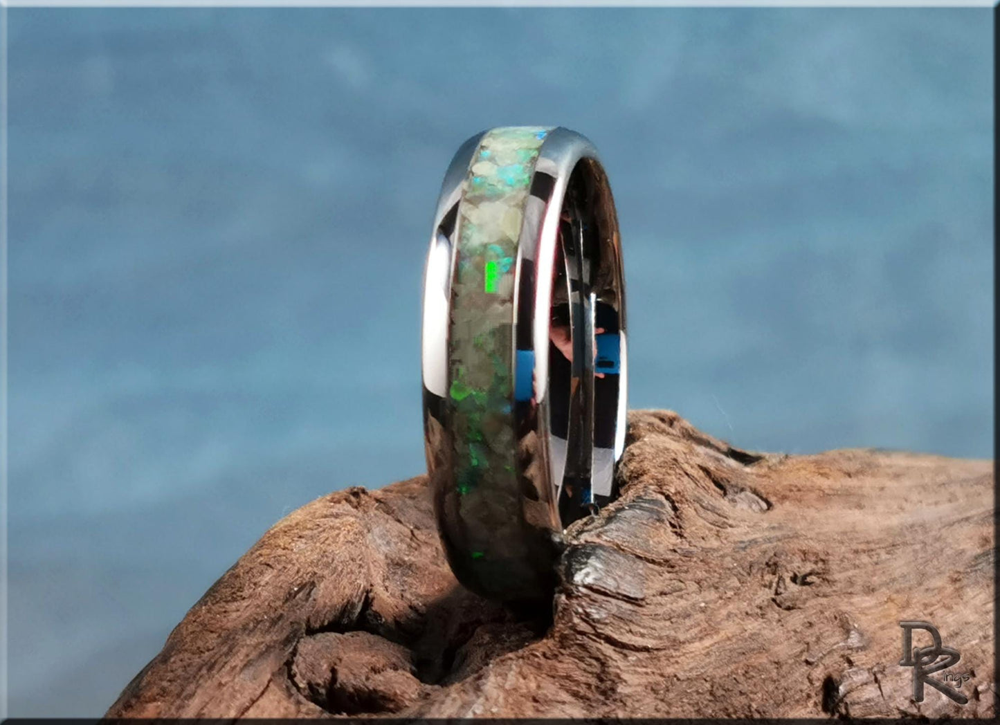 Domed Edge Tungsten Carbide Channel Ring w/Lemon Serpentine and Opal inlay - metal ring