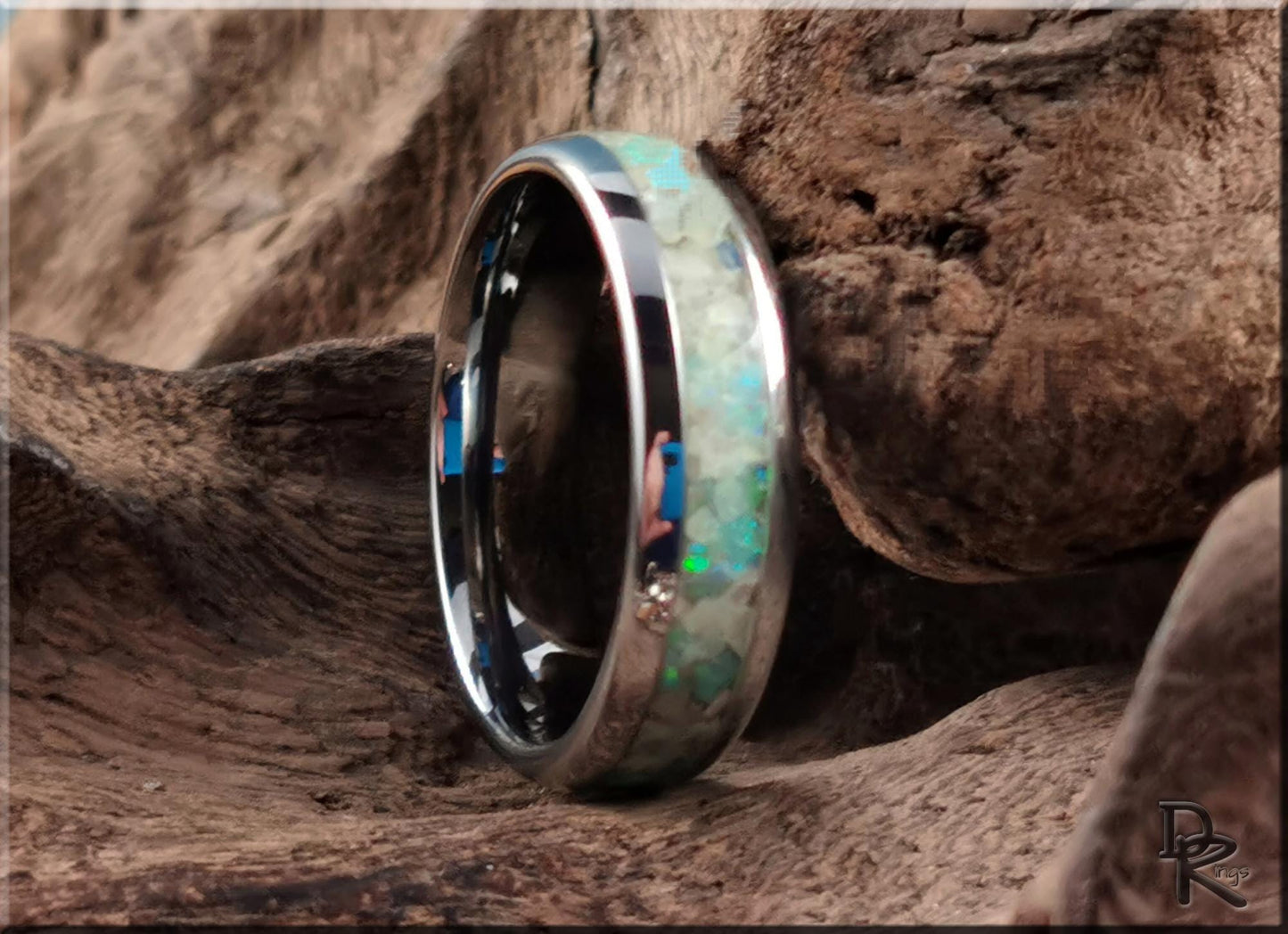 Domed Edge Tungsten Carbide Channel Ring w/Lemon Serpentine and Opal inlay - metal ring