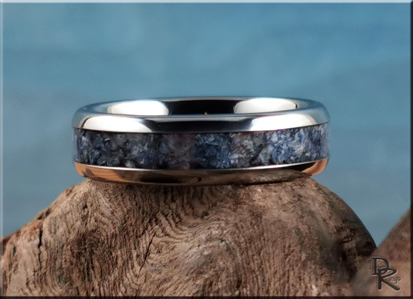 Domed Edge Tungsten Carbide Channel Ring w/Fossilised Blue Coral inlay - metal ring