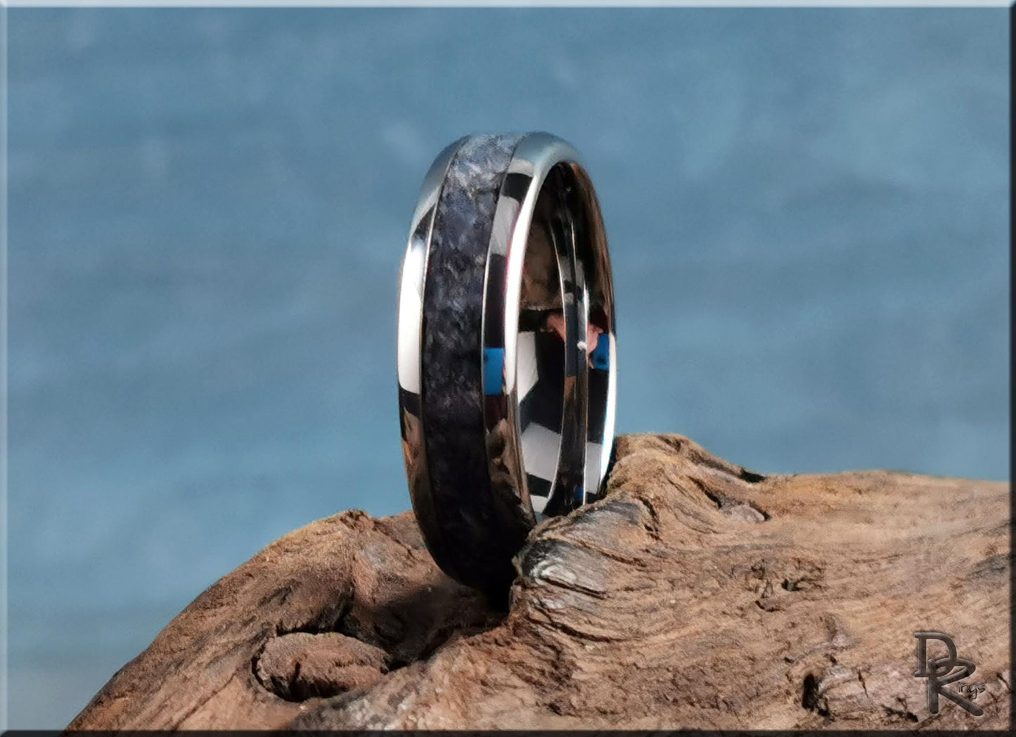 Domed Edge Tungsten Carbide Channel Ring w/Fossilised Blue Coral inlay - metal ring