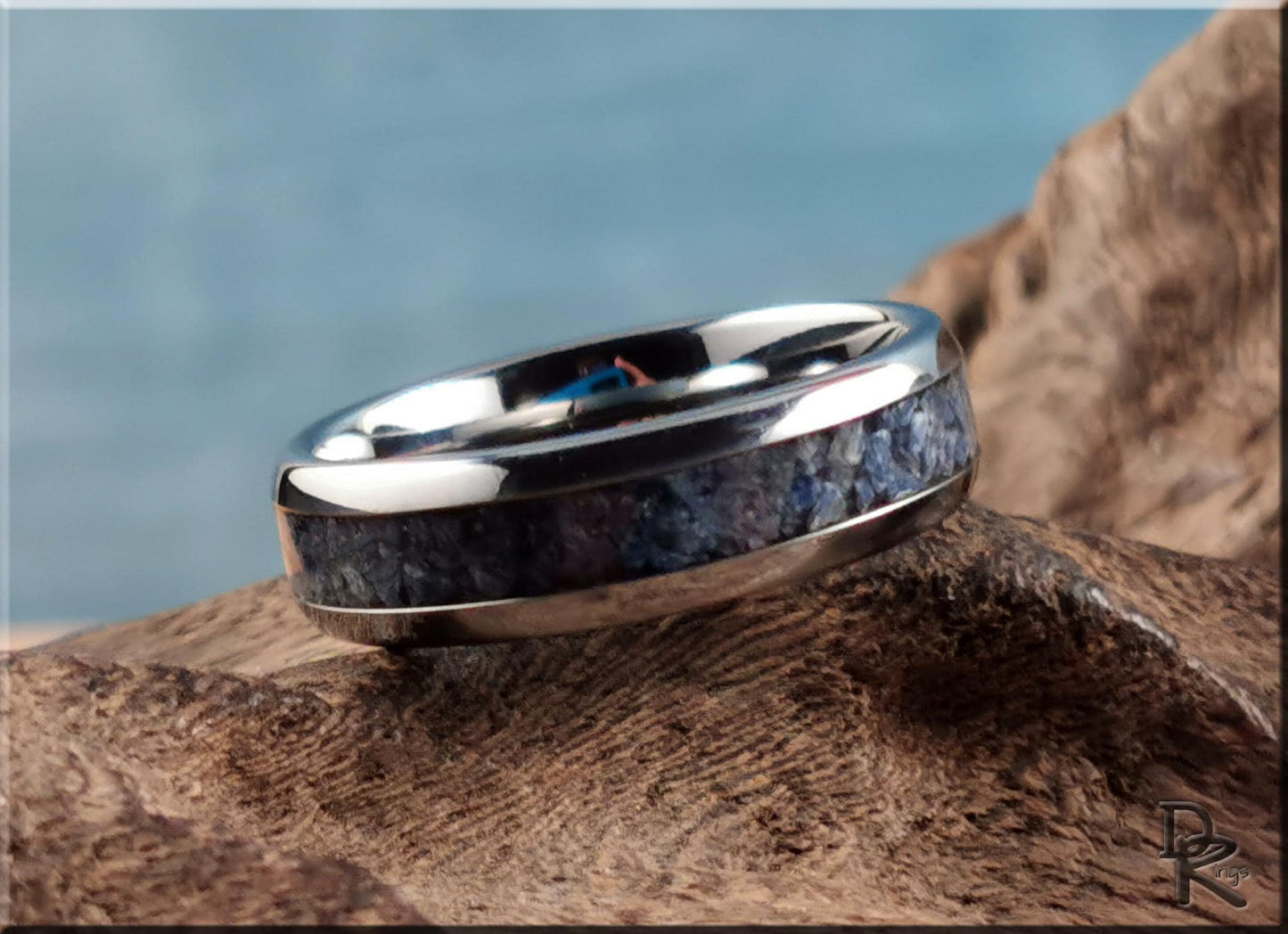 Domed Edge Tungsten Carbide Channel Ring w/Fossilised Blue Coral inlay - metal ring