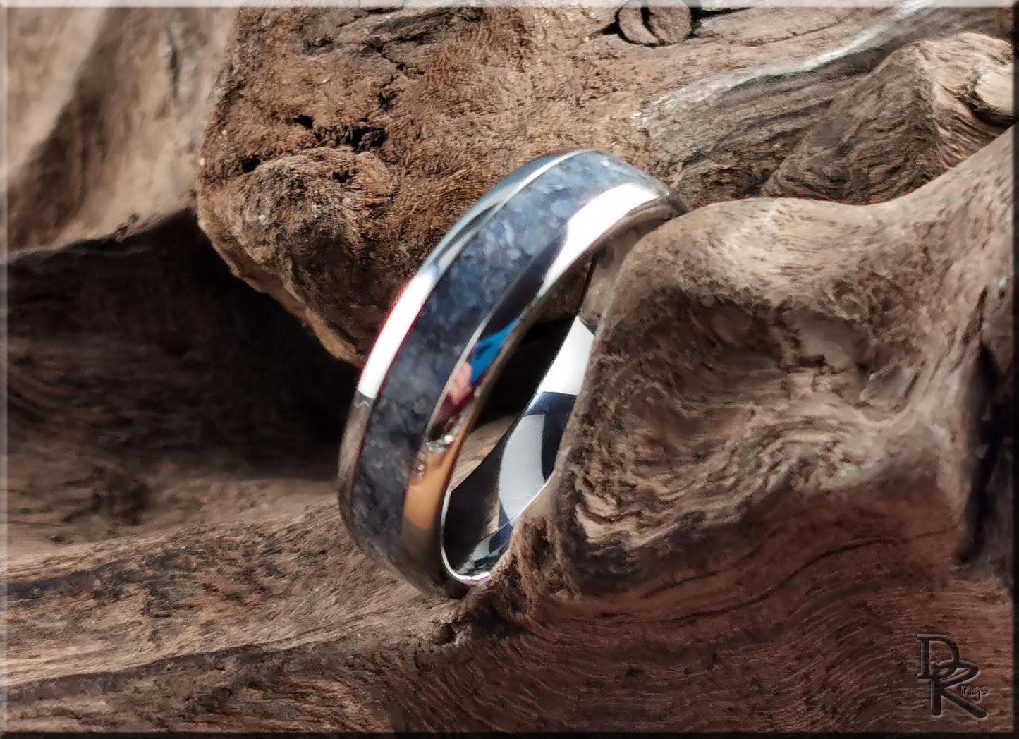 Domed Edge Tungsten Carbide Channel Ring w/Fossilised Blue Coral inlay - metal ring