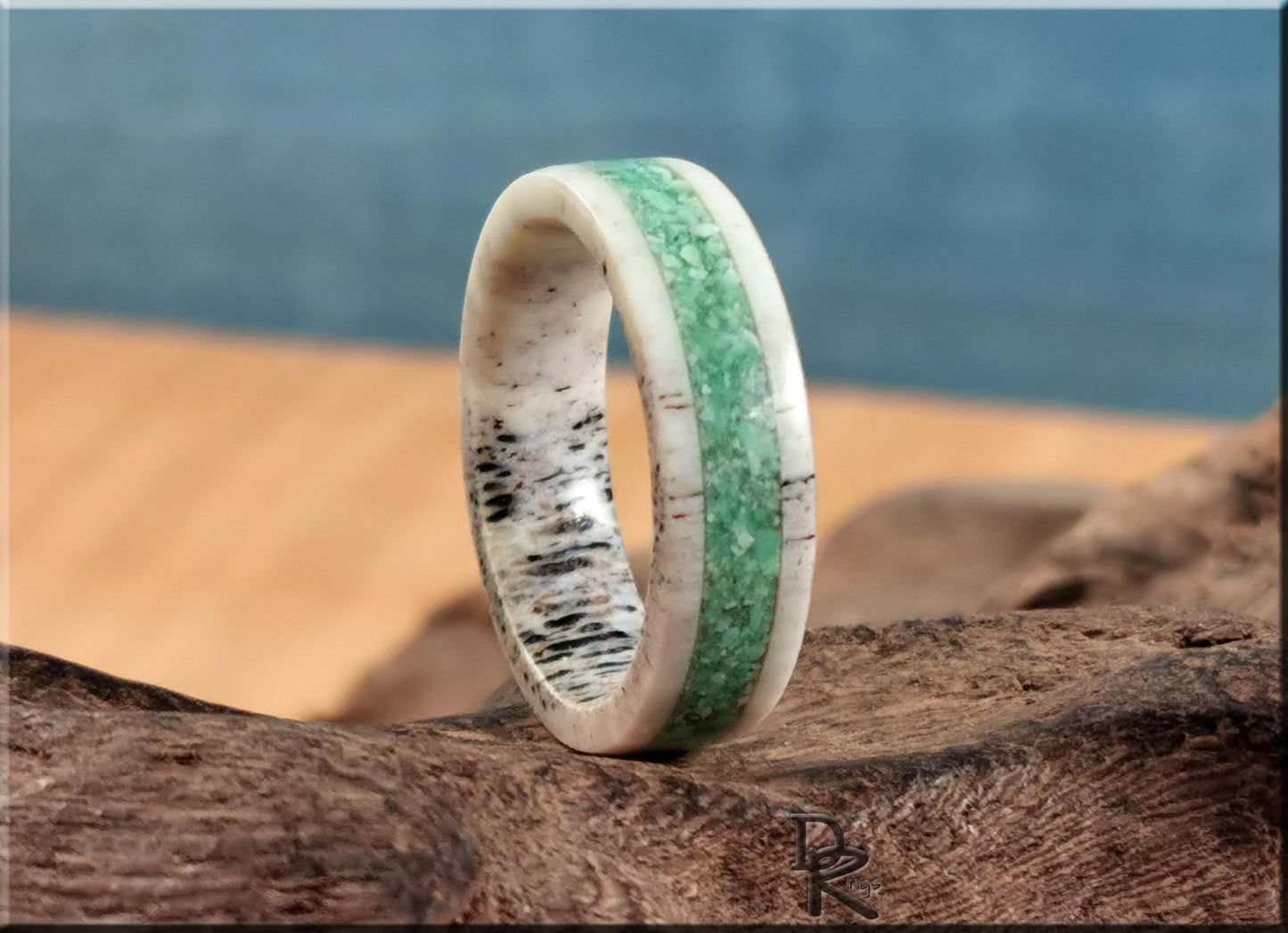 Deer Antler Channel Ring w/Nevada Apple Green Variscite inlay - antler ring