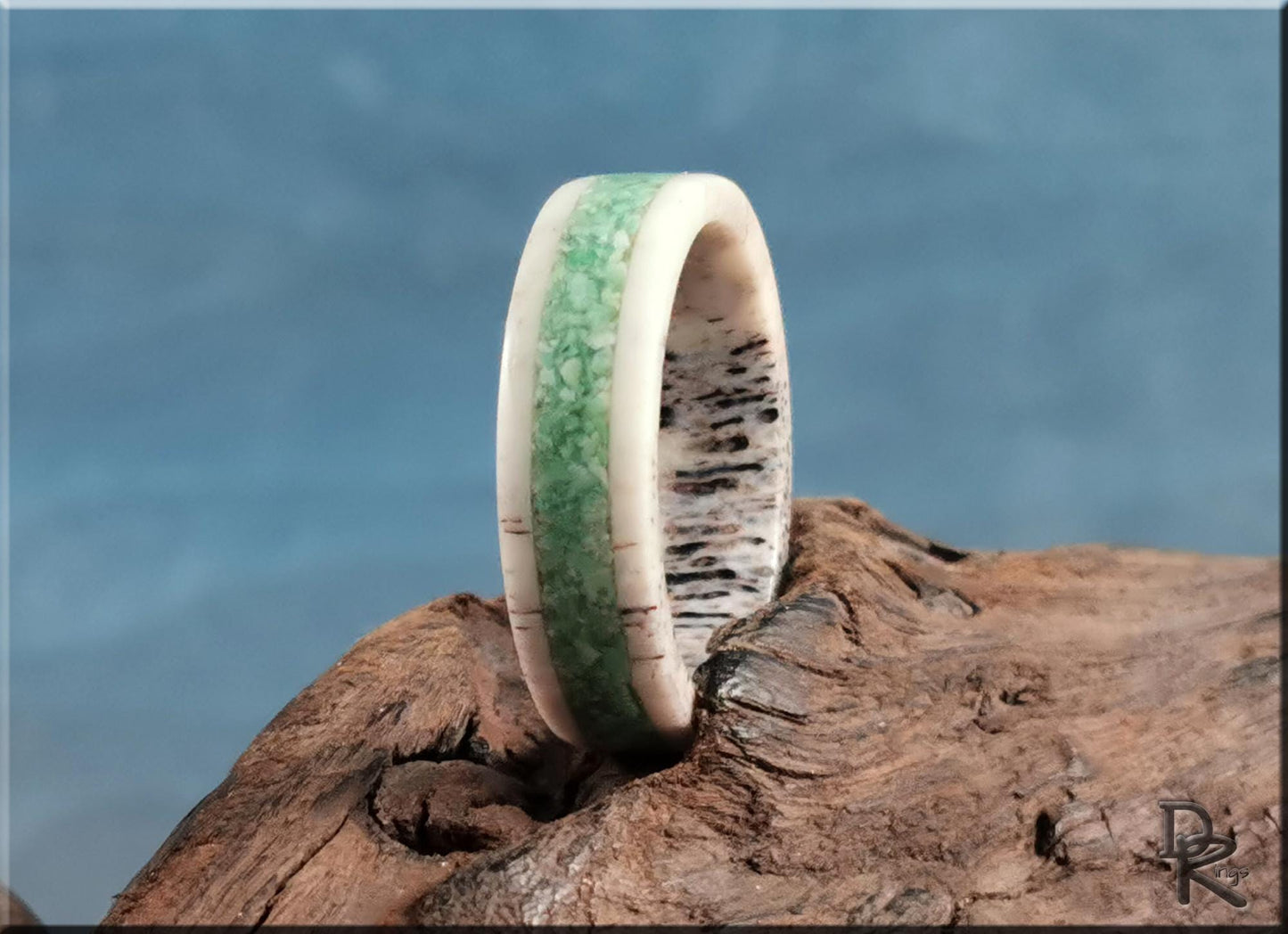 Deer Antler Channel Ring w/Nevada Apple Green Variscite inlay - antler ring