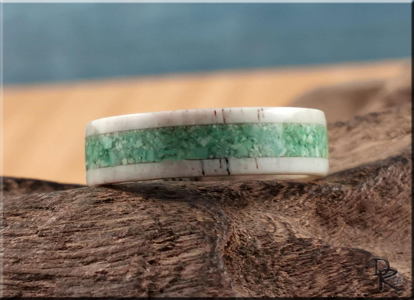Deer Antler Channel Ring w/Nevada Apple Green Variscite inlay - antler ring