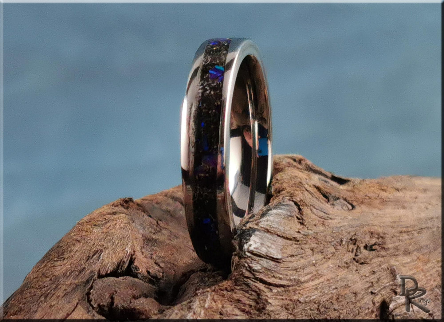 Titanium S-Wave 4mm Channel Ring w/Meteorite and Opal inlay - metal ring